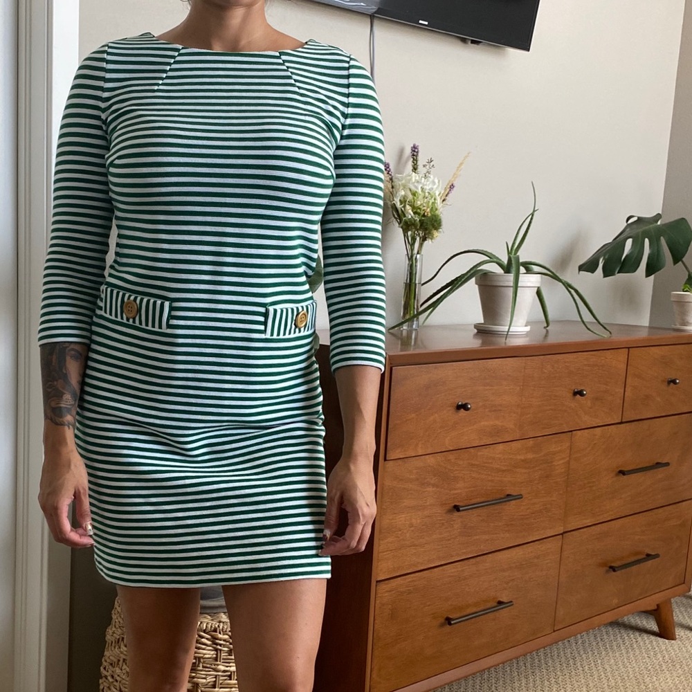 3/4 sleeve mini dress in green stripe